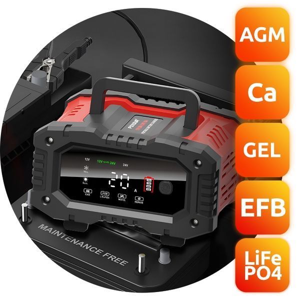 Зарядний пристрій Foxsur FPT 200 12V 20A / 24V 10A для автомобільних акумуляторів p00177 фото
