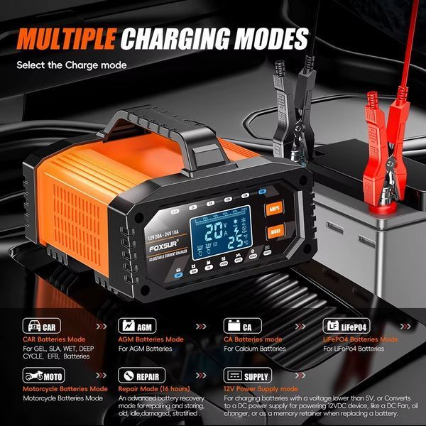 Зарядний пристрій Foxsur FAC-200 12V/24V 20A інтелектуальний для акумулятора AGM GEL LiFePO4 авто мото 00243 фото