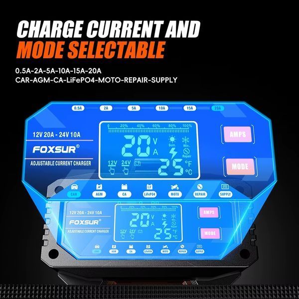Зарядний пристрій Foxsur FAC-200 12V/24V 20A інтелектуальний для акумулятора AGM GEL LiFePO4 авто мото 00243 фото