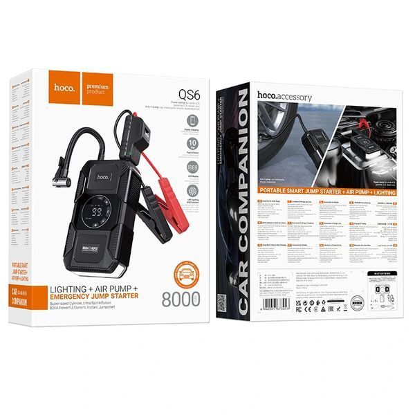 Автомобильное пусковое устройство бустер Power Bank 8000mAh с компрессором и фонарем HOCO QS6 Черный 00369 фото