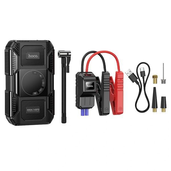 Автомобильное пусковое устройство бустер Power Bank 8000mAh с компрессором и фонарем HOCO QS6 Черный 00369 фото