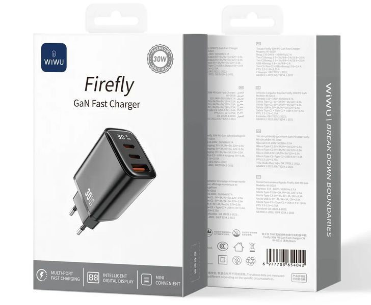 Сетевое зарядное устройство адаптер WIWU Wi-G010 GaN 30w fast charger Black р0701 фото